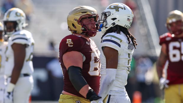 Oct 21, 2023; Atlanta, Georgia, USA; Boston College Eagles offensive lineman Kyle Hergel (60) gets in the face of Georgia Tech Yellow Jackets defensive back LaMiles Brooks (1) in the fourth quarter at Bobby Dodd Stadium at Hyundai Field. Mandatory Credit: Brett Davis-USA TODAY Sports